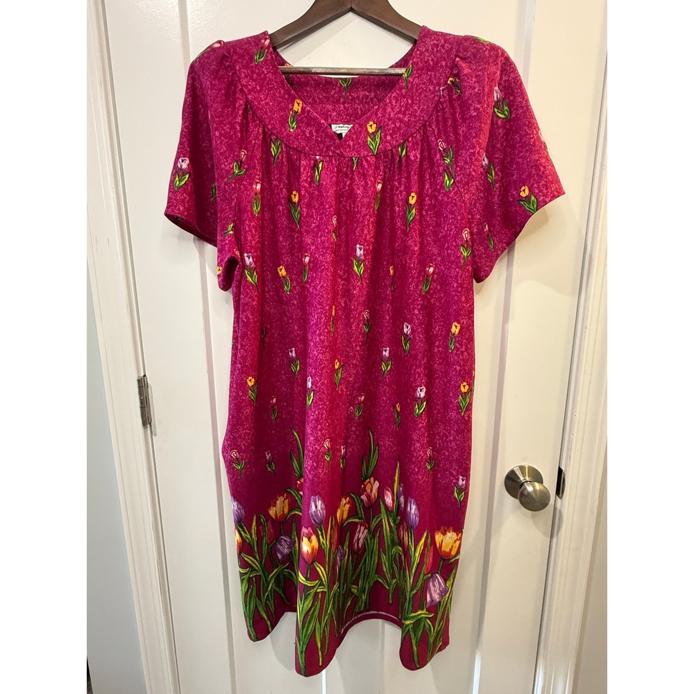 VTG Anthony Richards Magenta Pink Tulip Floral Muumuu House Dress Pockets XL